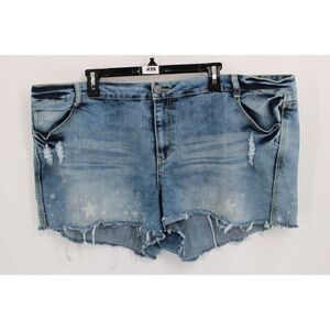 VANILLA STAR BLUE DENIM PLUS SIZE 24 WOMENS DISTRESSED CUT-OFF STAR PRINT SHORTS